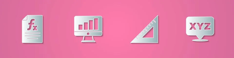 Set paper cut Function mathematical symbol, Computer monitor with graph chart Illustrazione stock