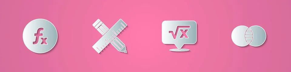 Set paper cut Function mathematical symbol, Crossed ruler and pencil, Square Stock Illustration