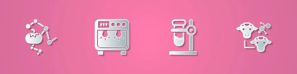 Set paper cut Genetically modified food, Biosafety box, Test tube flask on stand Illustrazione stock
