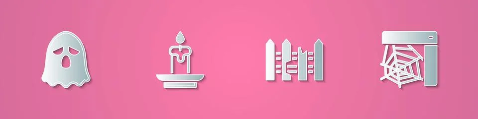 Set paper cut Ghost, Burning candle, Garden fence wooden and Spider web icon. Stock Illustration