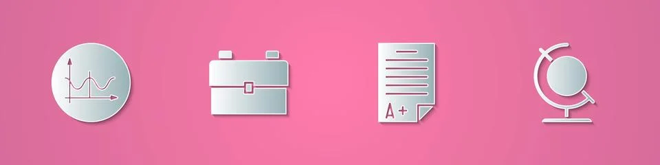 Set paper cut Graph, schedule, chart, diagram, School backpack, Exam sheet with Stock-Illustration