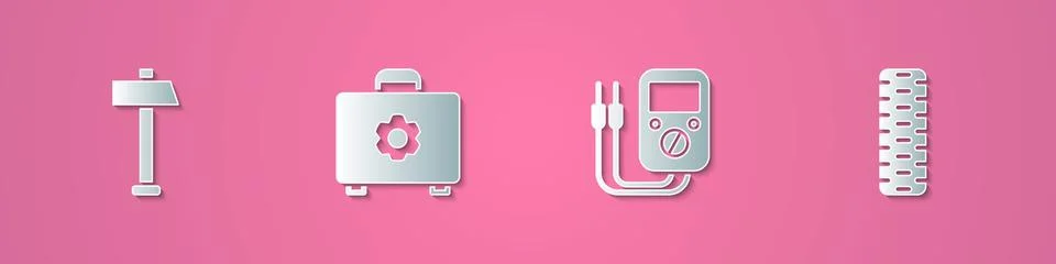 Set paper cut Hammer, Toolbox, Multimeter and Car tire wheel icon. Paper art Stock Illustration