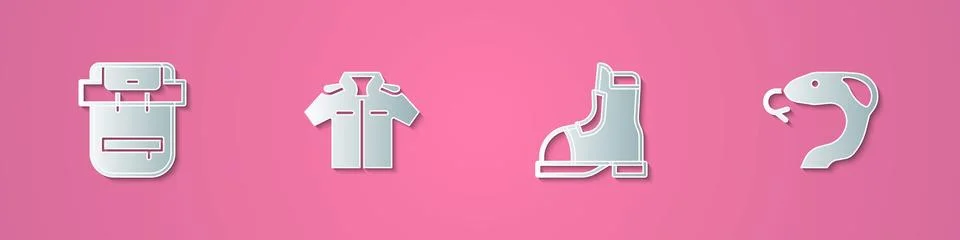 Set paper cut Hiking backpack, Shirt, Hunter boots and Snake icon. Paper ar.. Illustrazione stock