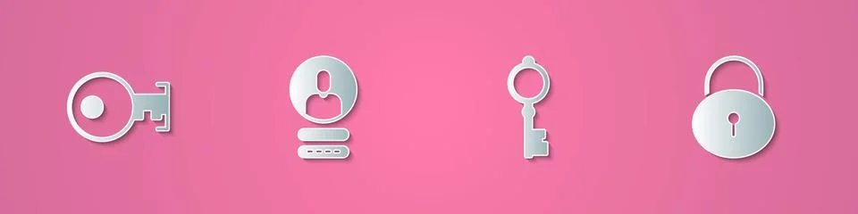 Set paper cut Key, Create account screen, Old key and Lock icon. Paper art style Stock Illustration