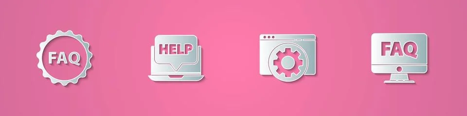 Set paper cut Label with text FAQ, Laptop and help, Browser setting and Computer Illustrazione stock