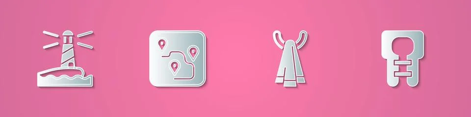 Set paper cut Lighthouse, Route location, Towel hanger and Life jacket icon Stock Illustration