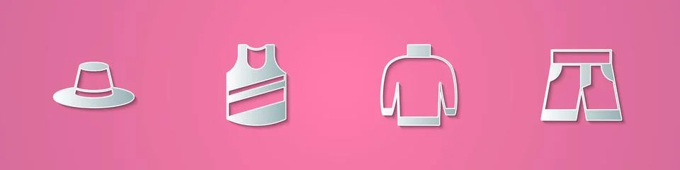 Set paper cut Man hat, Undershirt, Sweater and Short or pants icon. Paper a.. Stock Illustration