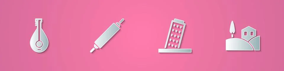 Set paper cut Mandolin, Rolling pin, Tower Pisa and Village landscape icon 스톡 일러스트