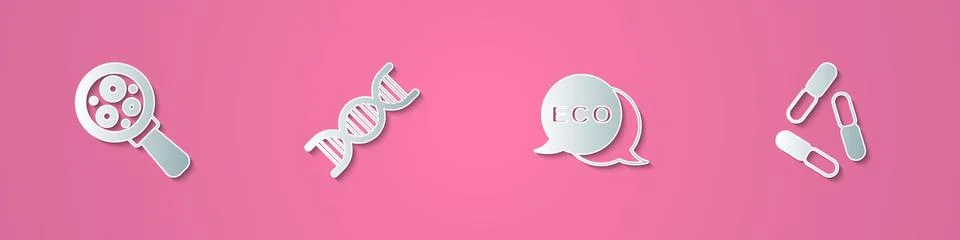 Set paper cut Microorganisms under magnifier, DNA symbol, Label for eco healthy Stock Illustration