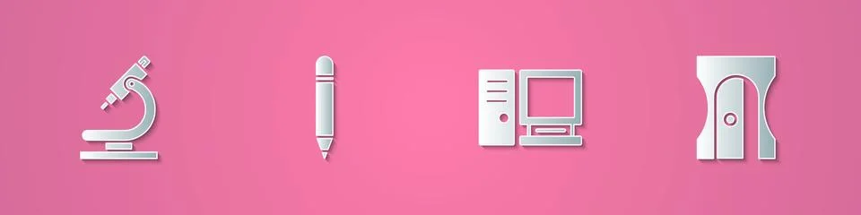 Set paper cut Microscope, Pencil with eraser, Computer monitor and sharpener Stock Illustration