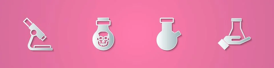 Set paper cut Microscope, Poison in bottle, Test tube and flask and icon. Paper 스톡 일러스트