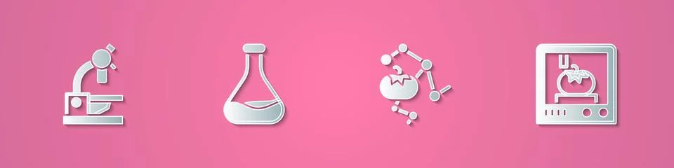 Set paper cut Microscope, Test tube and flask, Genetically modified food and 3D イラスト素材