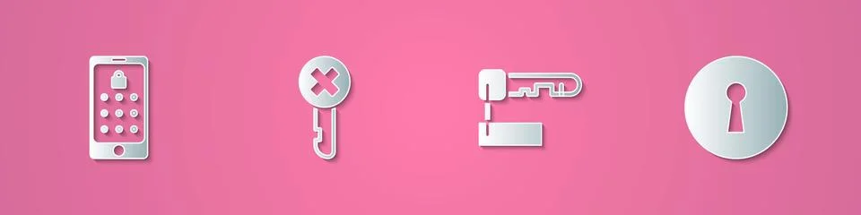 Set paper cut Mobile and graphic password, Wrong key, Marked and Keyhole icon Stock Illustration