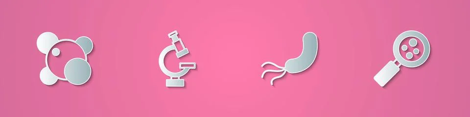 Set paper cut Molecule, Microscope, Bacteria and Microorganisms under magnifier Stock Illustration