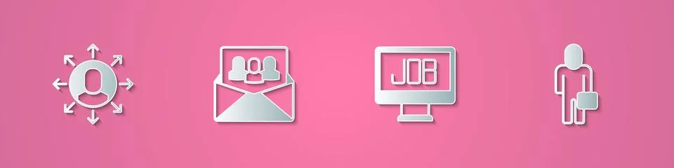 Set paper cut Multitasking manager working, Project team base, Search job a.. Illustrazione stock