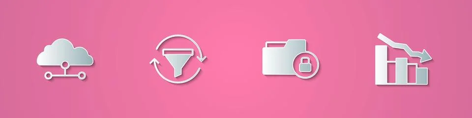 Set paper cut Network cloud connection, Sales funnel with chart, Folder and lock 스톡 일러스트