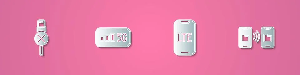 Set paper cut No usb cable cord, 5G wireless internet, LTE network and Data Stock Illustration