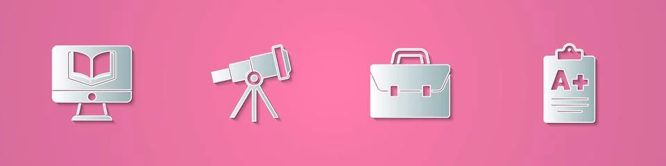 Set paper cut Online class, Telescope, Briefcase and Exam sheet with A plus Stock-Illustration