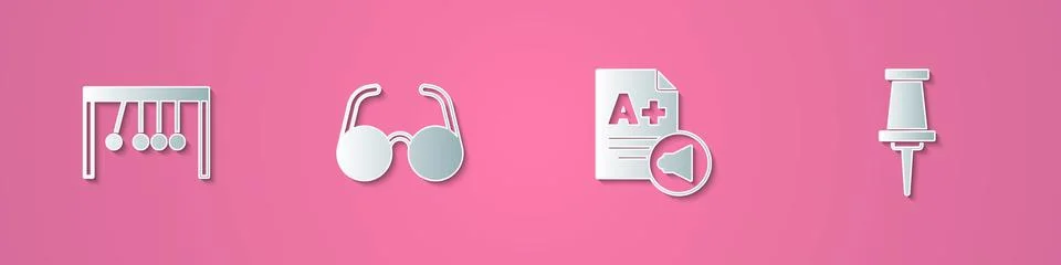 Set paper cut Pendulum, Glasses, Exam sheet with A plus grade and Push pin icon Stock Illustration
