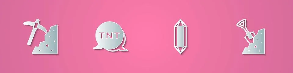 Set paper cut Pickaxe, Dynamite, Gem stone and Shovel and icon. Paper art s.. Stock Illustration