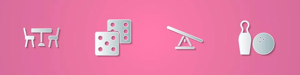 Set paper cut Picnic table with chairs, Game dice, Seesaw and Bowling pin and Stock-Illustration