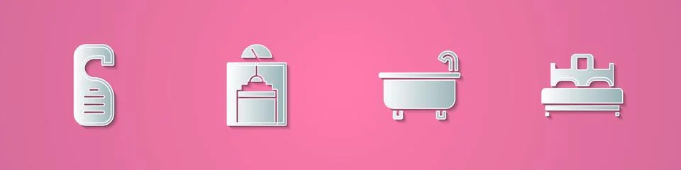 Set paper cut Please do not disturb, Lift, Bathtub and Bedroom icon. Paper art Ilustración de archivo