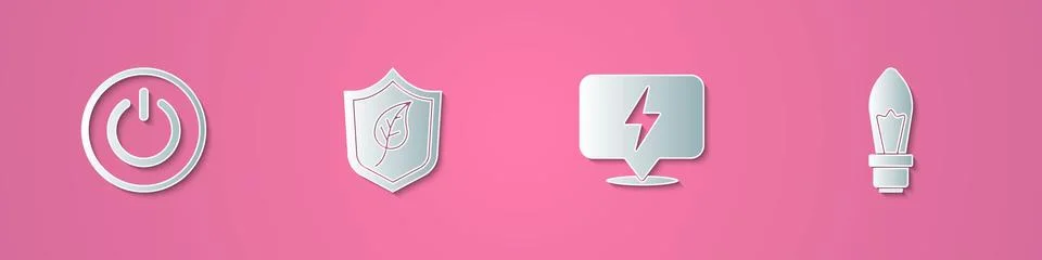 Set paper cut Power button, Shield with leaf, Lightning bolt and bulb icon Ilustración de archivo