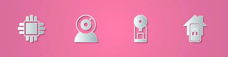 Set paper cut Processor with CPU, Web camera, Smart coffee machine and Mobile Stock Illustration