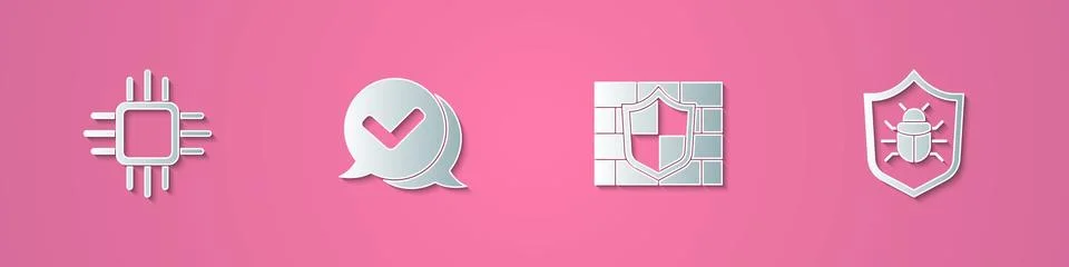 Set paper cut Processor with microcircuits CPU, Check mark in speech bubble Illustrazione stock