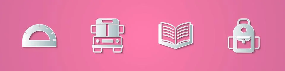 Set paper cut Protractor grid, School Bus, Open book and backpack icon. Paper Stock Illustration