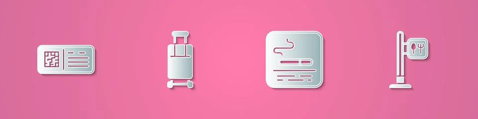 Set paper cut QR code ticket train, Suitcase, Smoking area and Cafe and Illustrazione stock