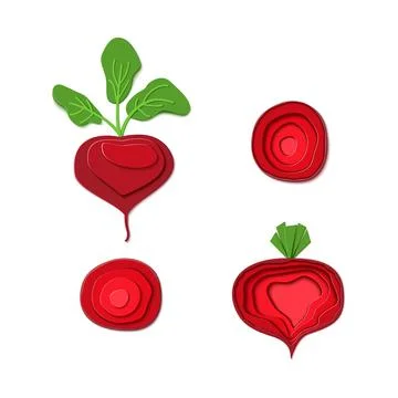 Set of paper cut red beet. Vector paper cut design in the form of ripe beetroot Stock Illustration