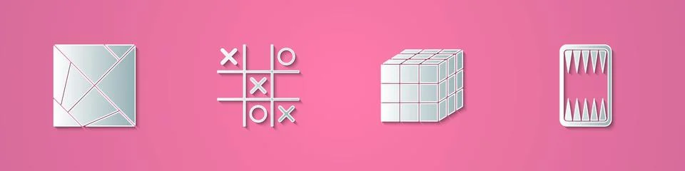 Set paper cut Rubik cube, Tic tac toe game, and Backgammon board icon. Paper art Illustrazione stock