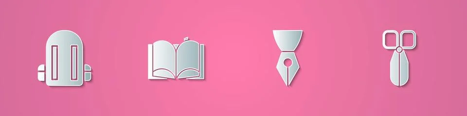Set paper cut School backpack, Open book, Fountain nib and Scissors icon. Paper Stock Illustration