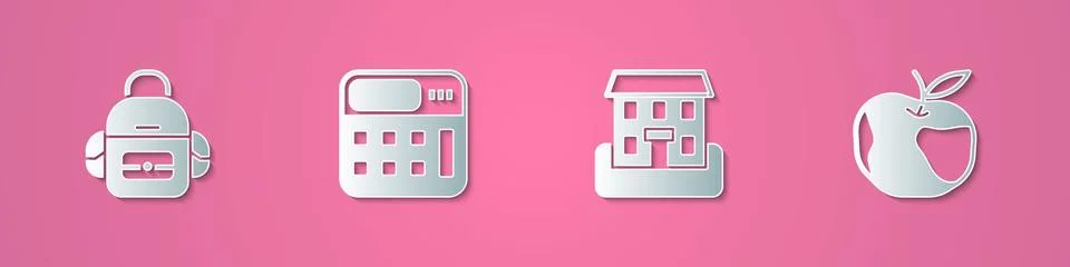 Set paper cut School backpack, Calculator, building and Apple icon. Paper art Stock Illustration