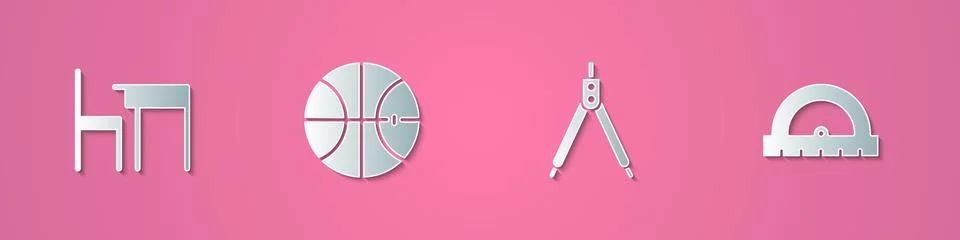Set paper cut School table and chair, Basketball ball, Drawing compass and Stock Illustration