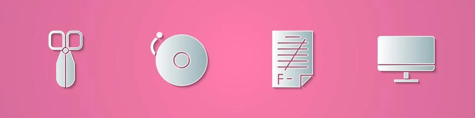 Set paper cut Scissors, Ringing alarm bell, Exam paper with incorrect answers 스톡 일러스트
