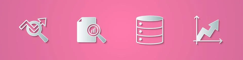 Set paper cut Search data analysis, Document with graph chart, Server and 스톡 일러스트
