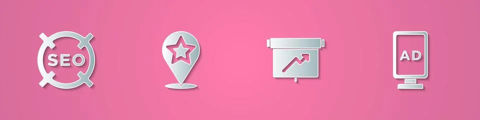 Set paper cut SEO optimization, Map pointer with star, Board graph chart and Illustrazione stock
