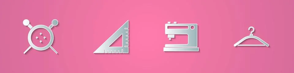 Set paper cut Sewing button and knitting needles, Triangular ruler, machine and Illustrazione stock