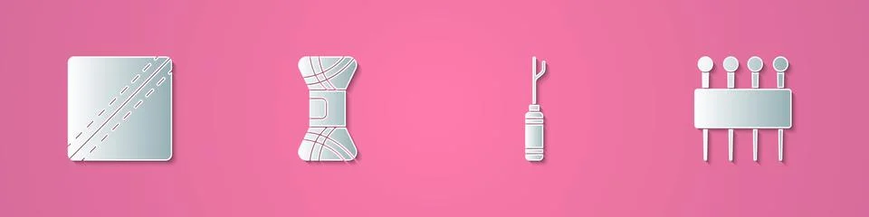 Set paper cut Sewing Pattern, Yarn, Awl tool and Needle for sewing icon. Paper Stock Illustration