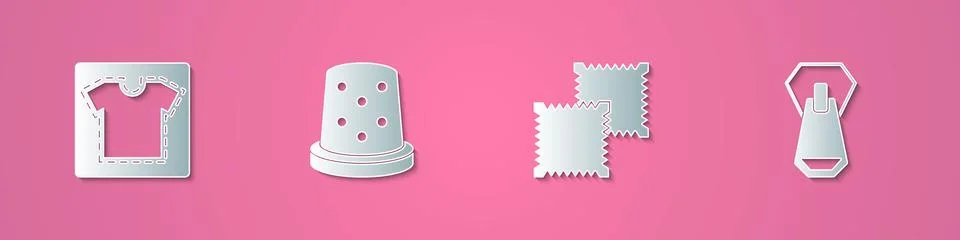 Set paper cut Sewing pattern, Thimble for sewing, Textile fabric roll and Z.. Stock Illustration