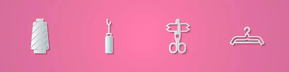 Set paper cut Sewing thread on spool, Awl tool, Scissors and Hanger wardrobe Illustrazione stock
