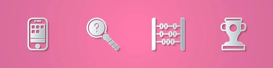 Set paper cut Smartphone, Unknown search, Abacus and Award cup icon. Paper .. Stockillustratie
