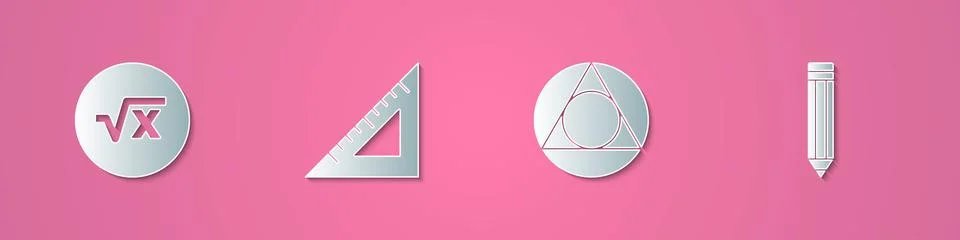 Set paper cut Square root of x glyph, Triangular ruler, Triangle math and Pencil Stock Illustration