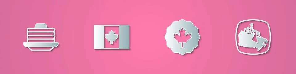 Set paper cut Stack of pancakes, Flag Canada, Canadian maple leaf and icon Illustrazione stock