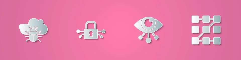 Set paper cut System bug on a cloud, Cyber security, Eye scan and Graphic Stock Illustration