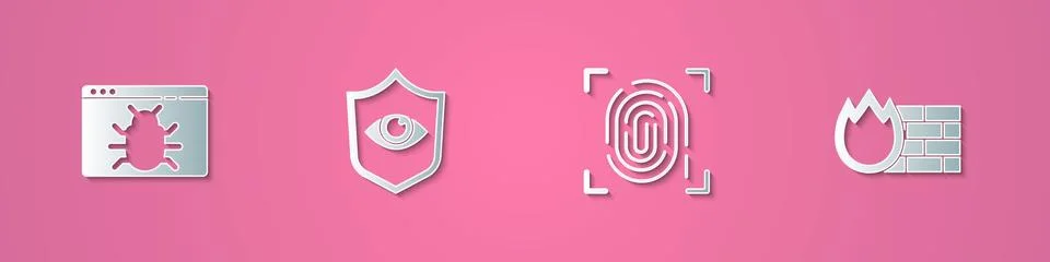 Set paper cut System bug, Shield and eye, Fingerprint and Firewall, security Stock Illustration