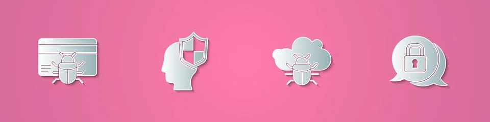 Set paper cut System bug in credit card, Head with shield, on cloud and Cyber Illustrazione stock