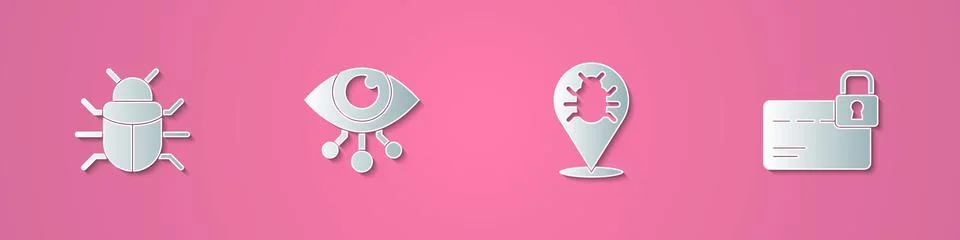 Set paper cut System bug, Eye scan, and Credit card with lock icon. Paper art Stock-Illustration